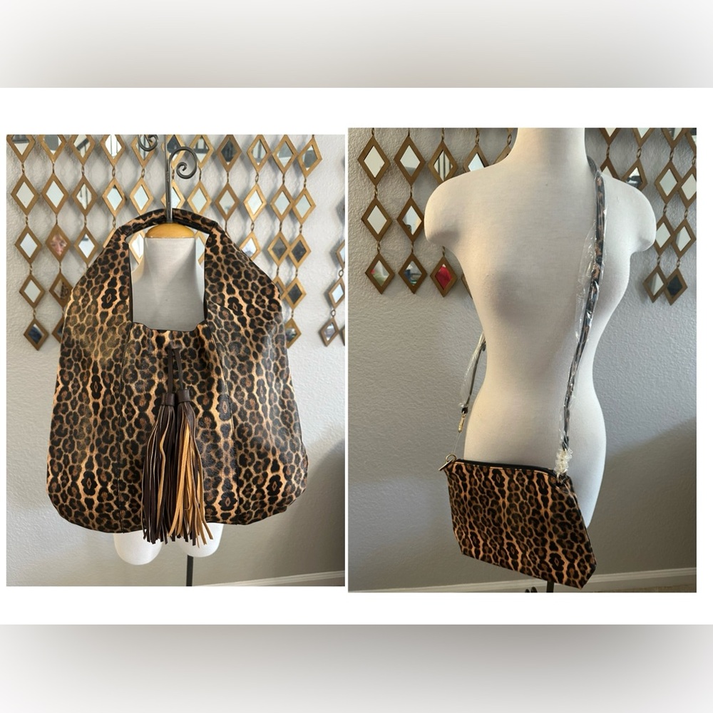 Two Piece Set Leopard Print Tote Bag with Tassels and adjustable crossbody.
